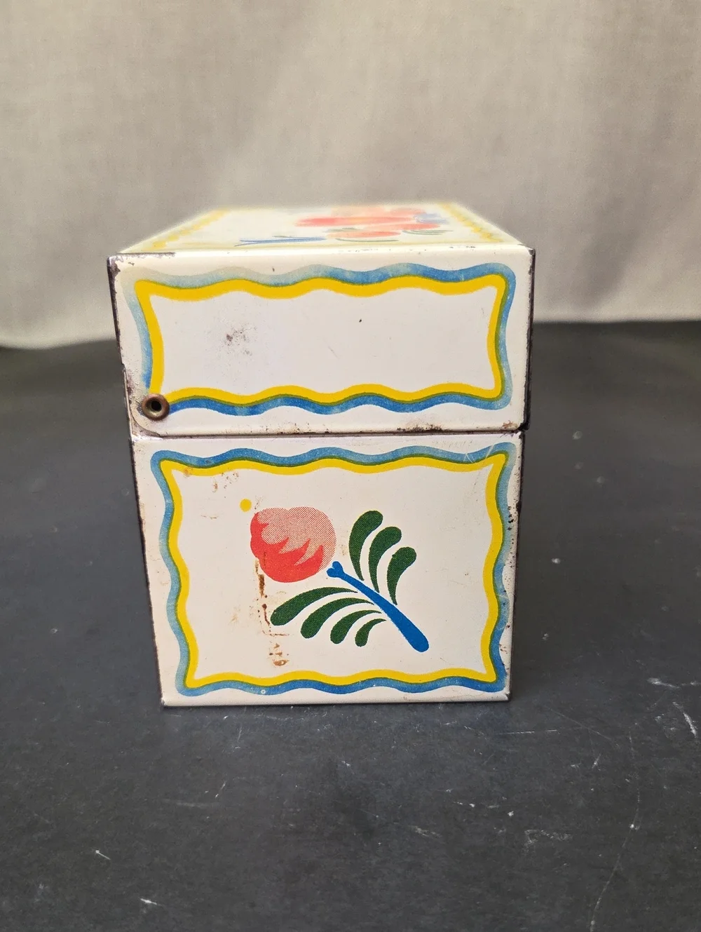 Vtg 1960s Ohio Art Co. Tin Recipe Box Folk Art Floral , Blue Metal Napkin Holder
